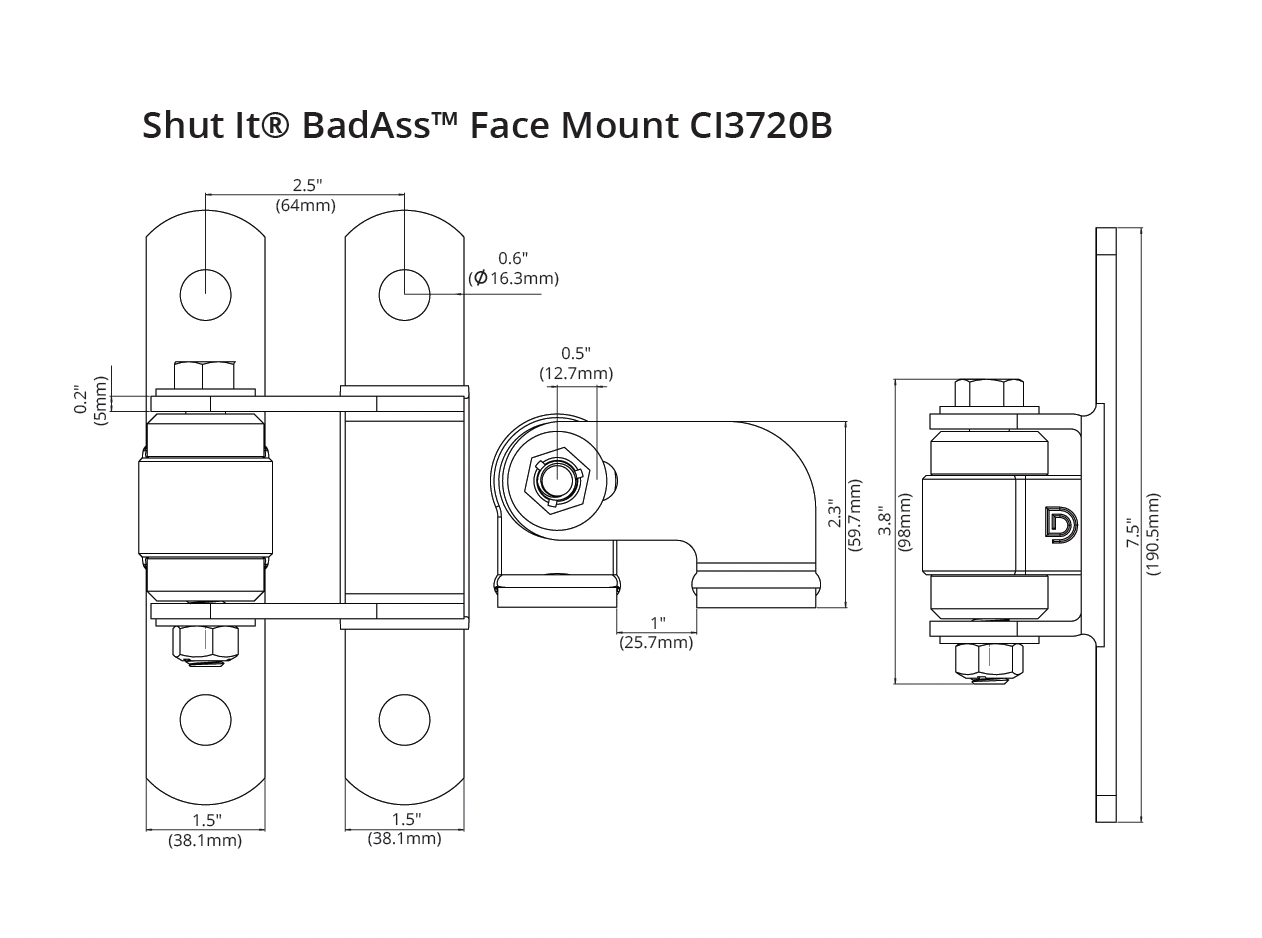 Dimension drawing of the Shut It BadAss face mount bolt-on hinge