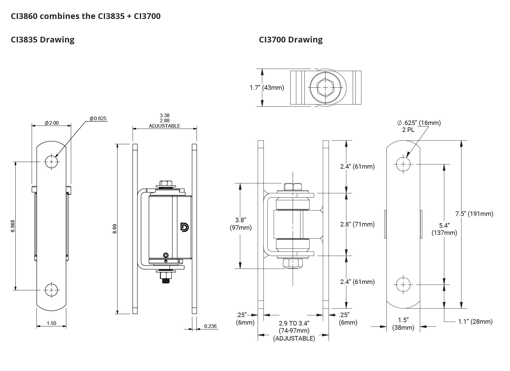 BadAss centre-mount bolt-on hinge set CI3860 beside the single hinge CI3835
