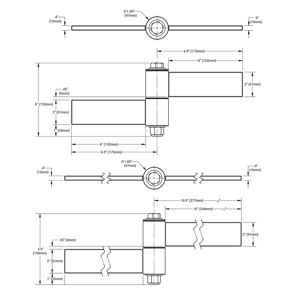 Dimension drawing of the BadAss strap hinges, short and long
