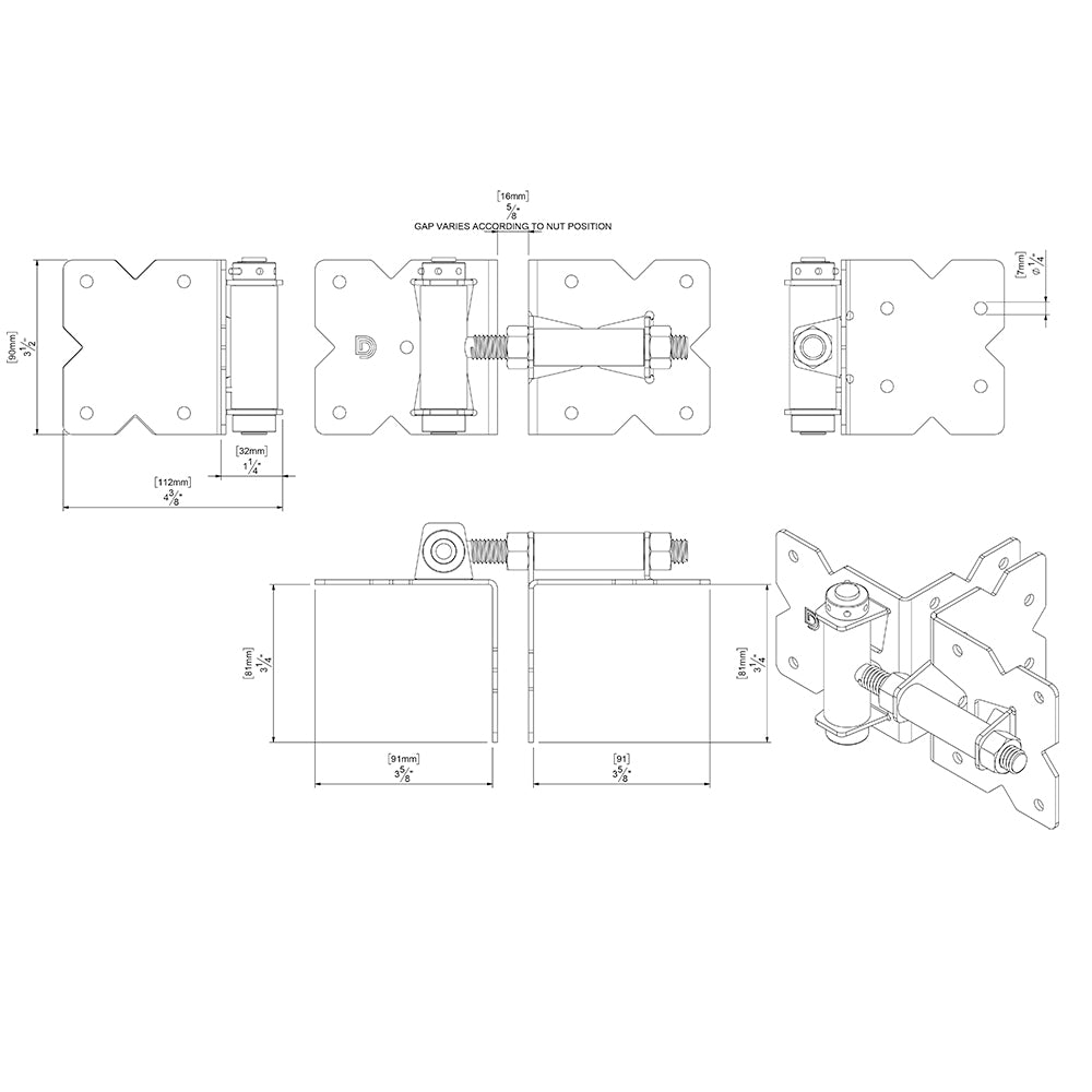 Technical drawing of the Regular Self-Closing Hinge DDS2HSSA