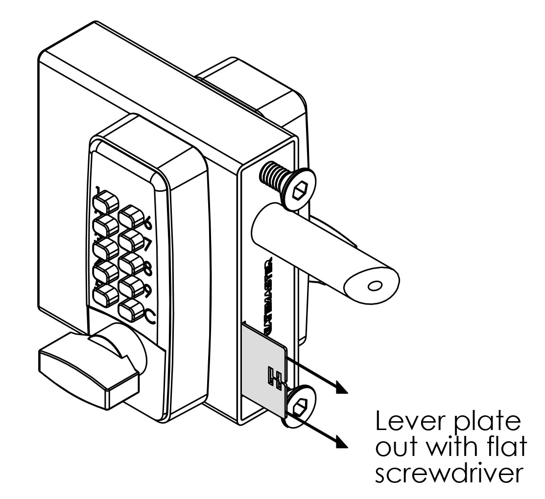 Gatemaster SelectPro Code Gate Lock Double-Sided Keypad, instruction drawing: levering the retaining plate out with a flat screwdriver