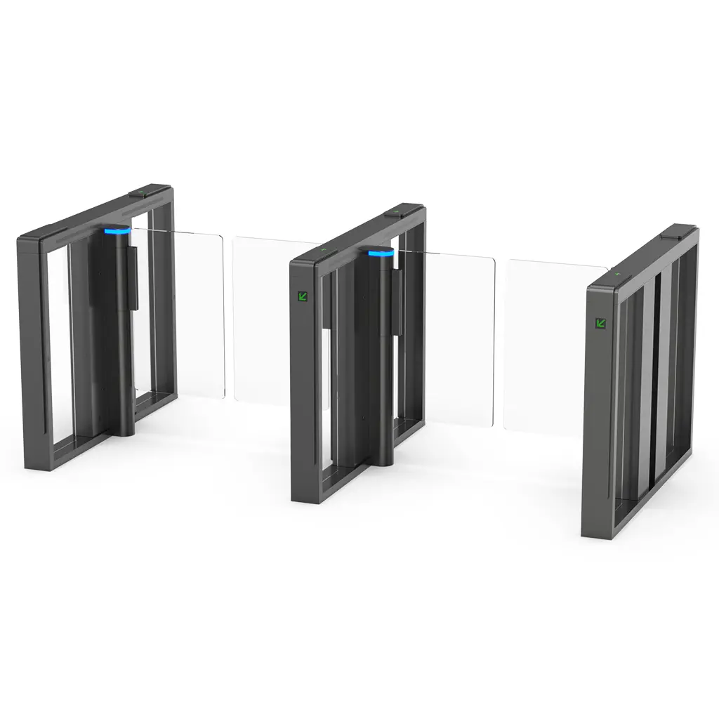 A row of Speedgate Perpetual cabinets forming two lanes with clear wings closed.