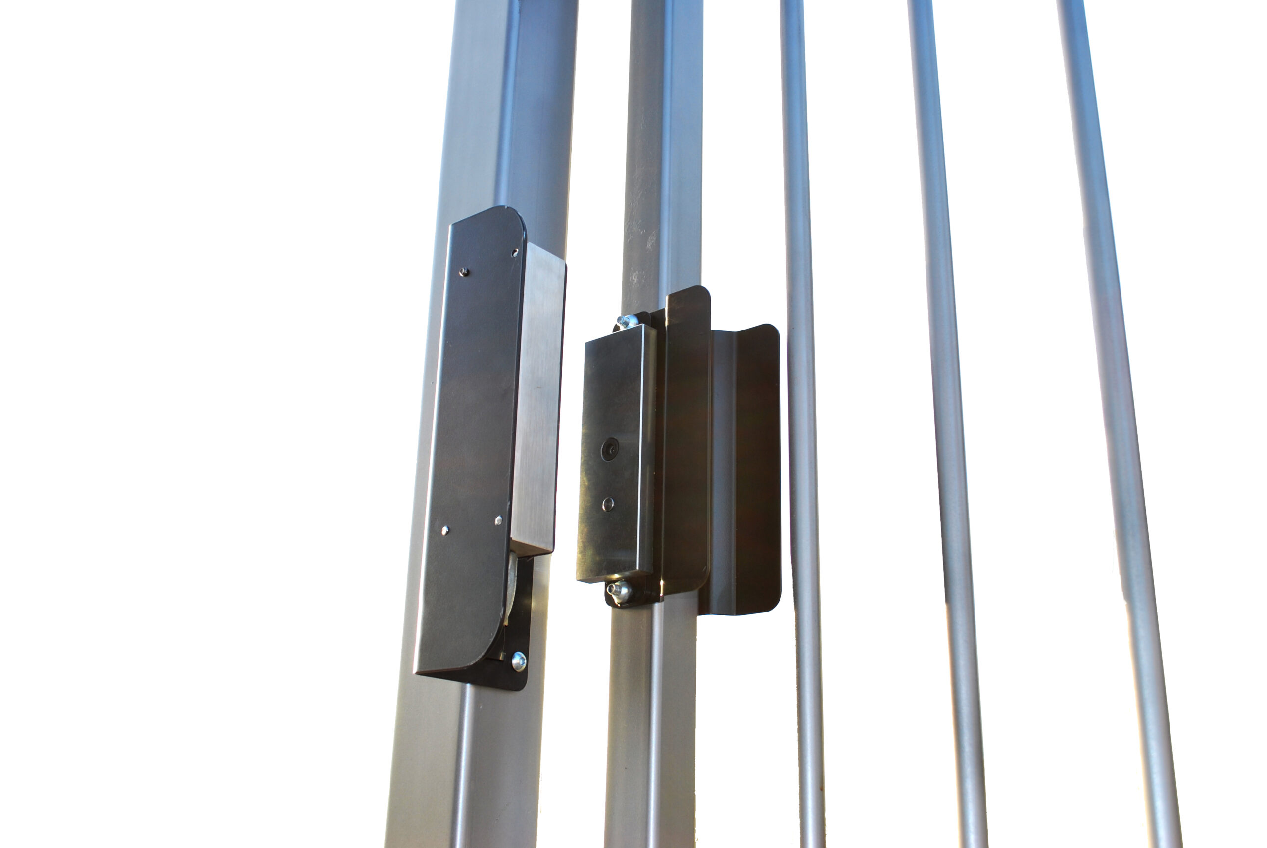 Gatemaster Gate Maglock System Electric Magnetic Lock Kit, the magnet and armature fitted to a gate post and leaf