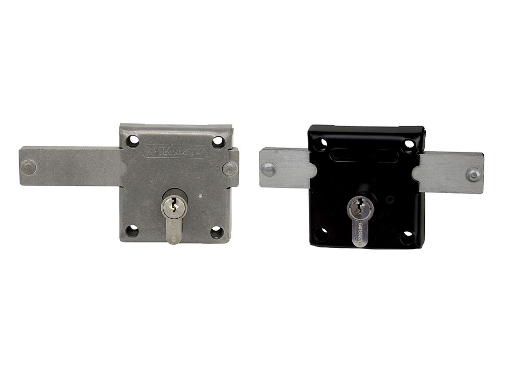 Gatemaster screw-fixed lock for gates up to 1" thick, the stainless and the black lock case side by side