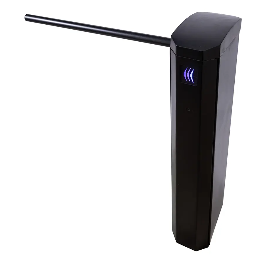 Black Dynamic drop arm barrier cabinet with a black arm and a lit reader panel.