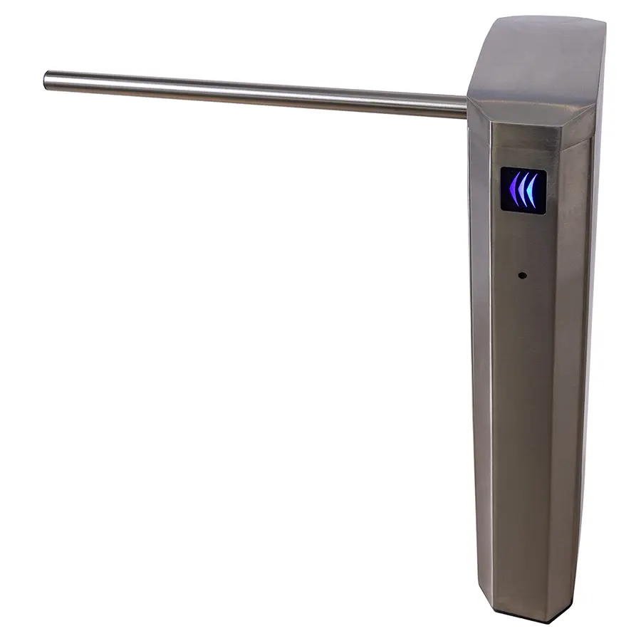 Brushed stainless steel Dynamic drop arm barrier cabinet with a blue reader light.