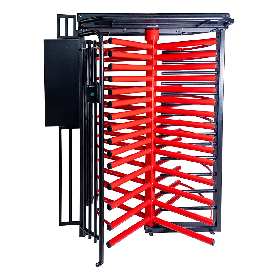 Tribune full-height turnstile with a red rotor, black frame and side-mounted reader box.