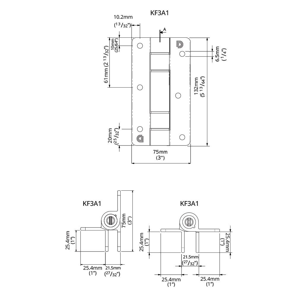 Dimension drawing of the KwikFit Aluminium KF3A1 hinge