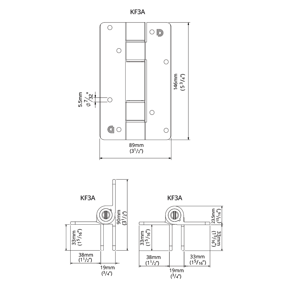 Dimension drawing of the KwikFit Aluminium KF3A hinge