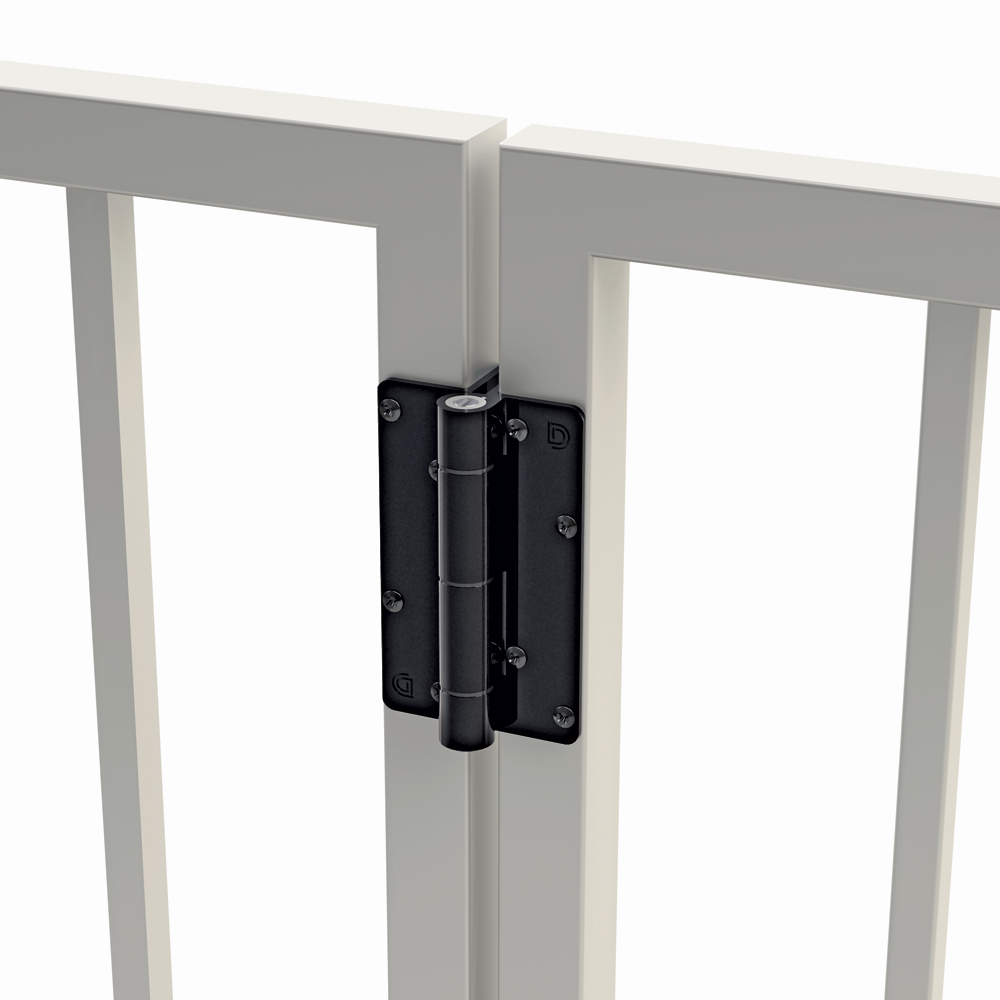 Black KwikFit Aluminium hinge fitted to a gate