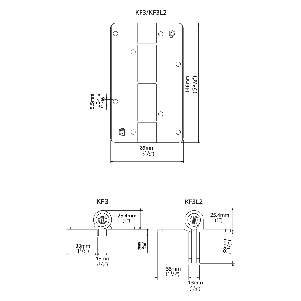 Dimension drawing of the KwikFit Aluminium KF3 and KF3L2 hinges
