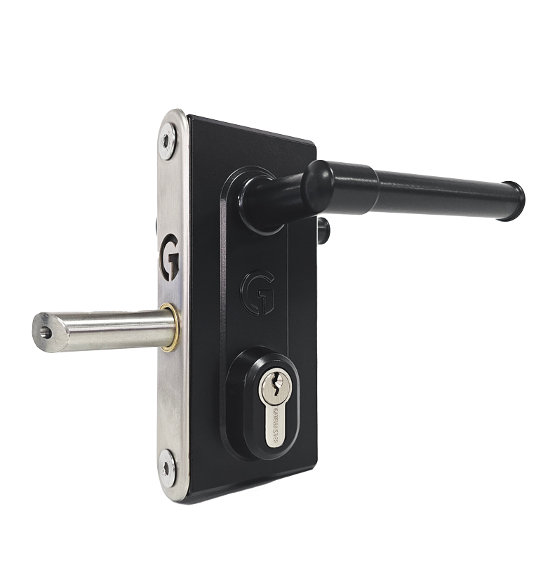 Gatemaster Superlock 2.0 Keyed Gate Lock Latch Deadlock Double-Sided Key Access, the lock with a traditional handle on each side and the cylinder below them