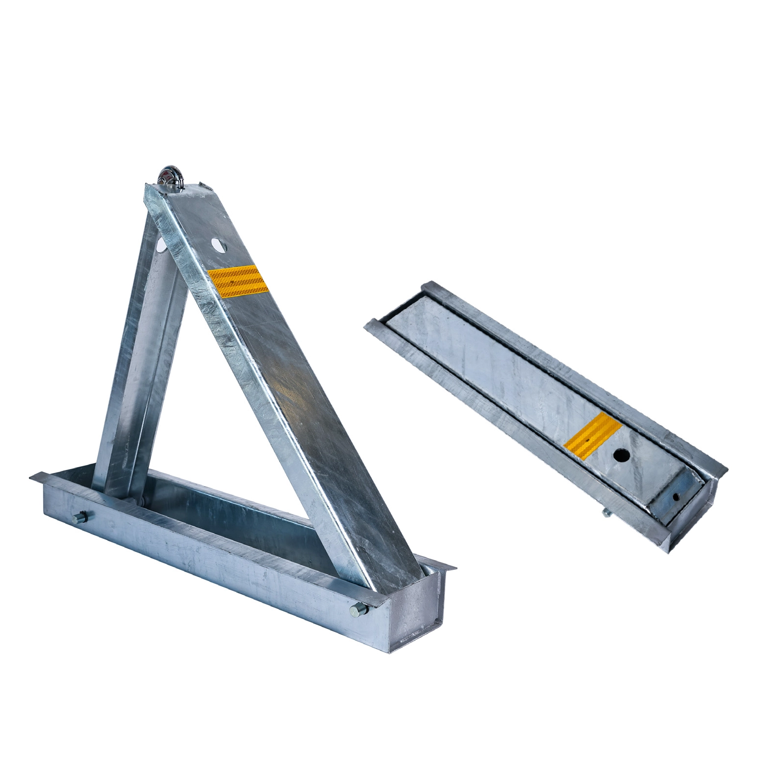 Two galvanised MyCar blockers side by side, one raised and one folded flat.