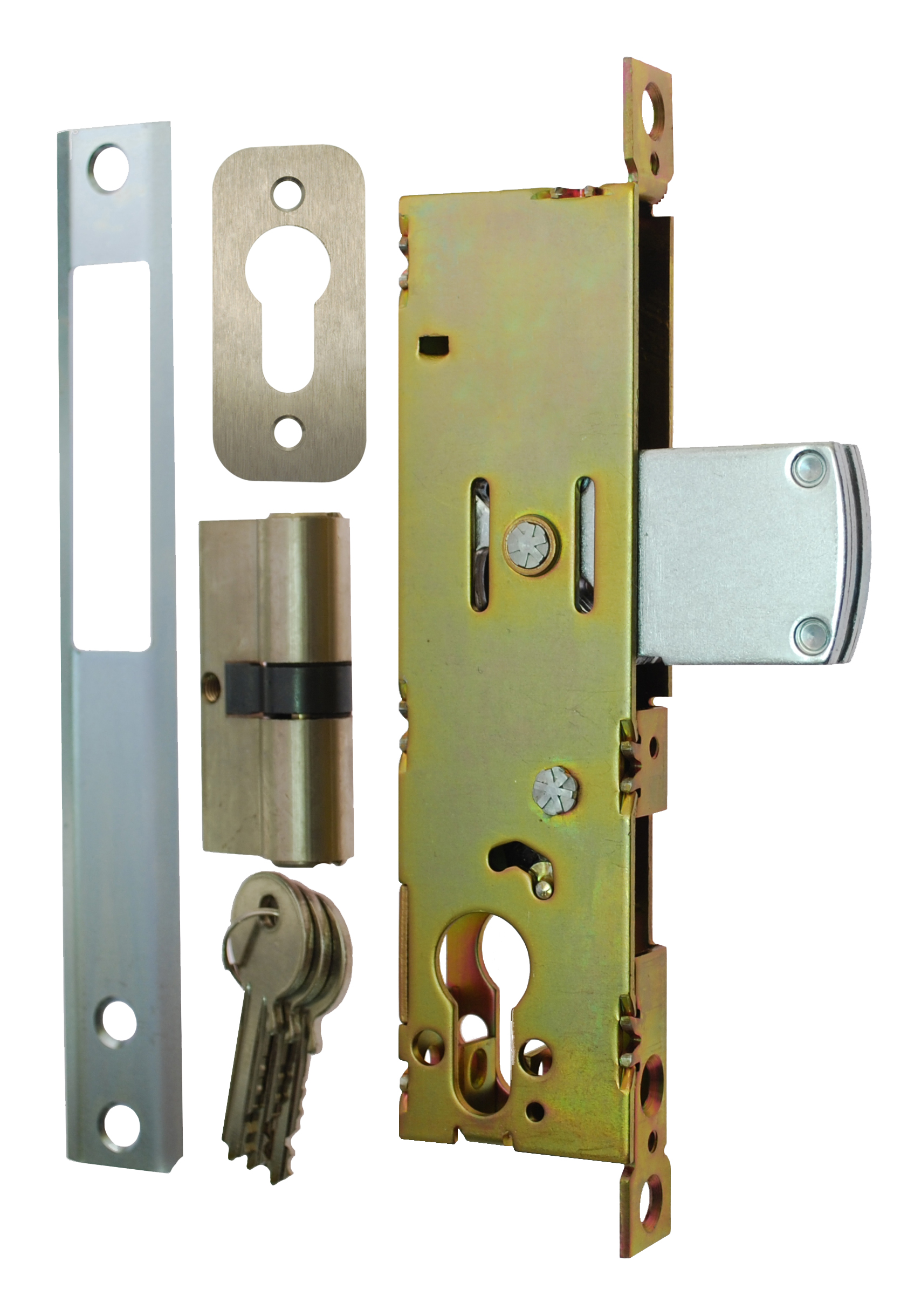 Gatemaster Narrow Deadlock, everything in the box: the lock body, faceplate, keep, cylinder and keys