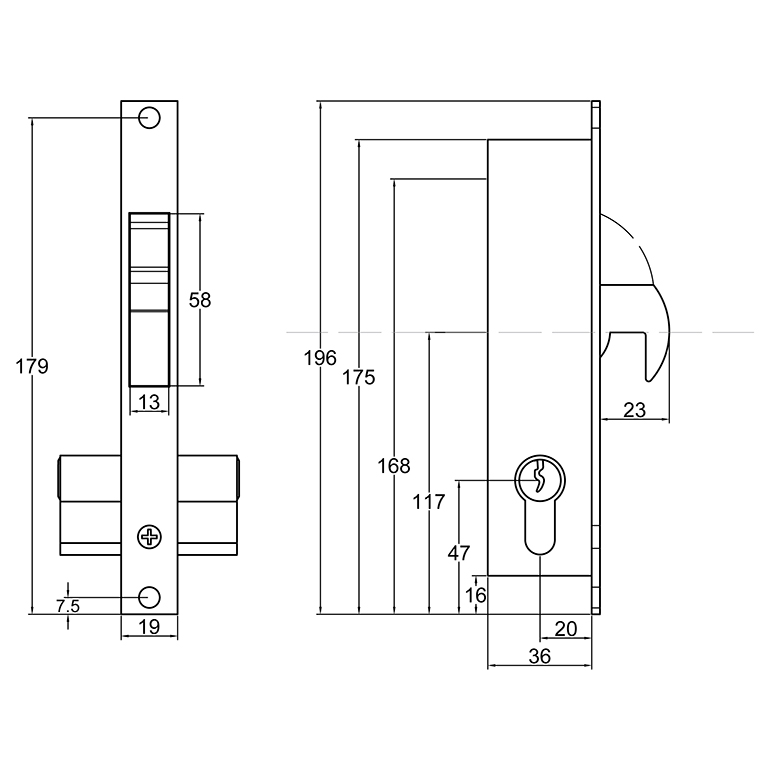 Gatemaster Narrow Hook Lock, dim drawing