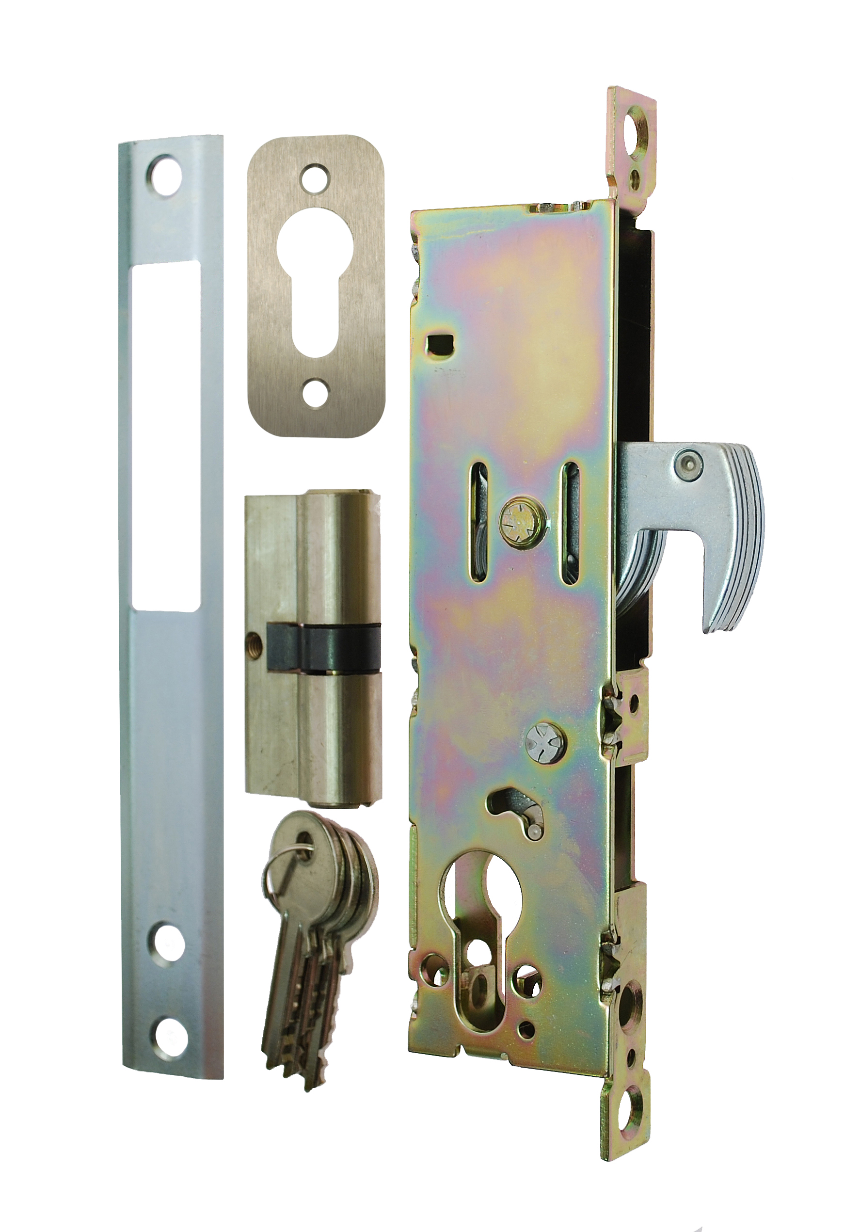 Gatemaster Narrow Hook Lock, everything in the box: the hook lock body, faceplate, keep, cylinder and keys