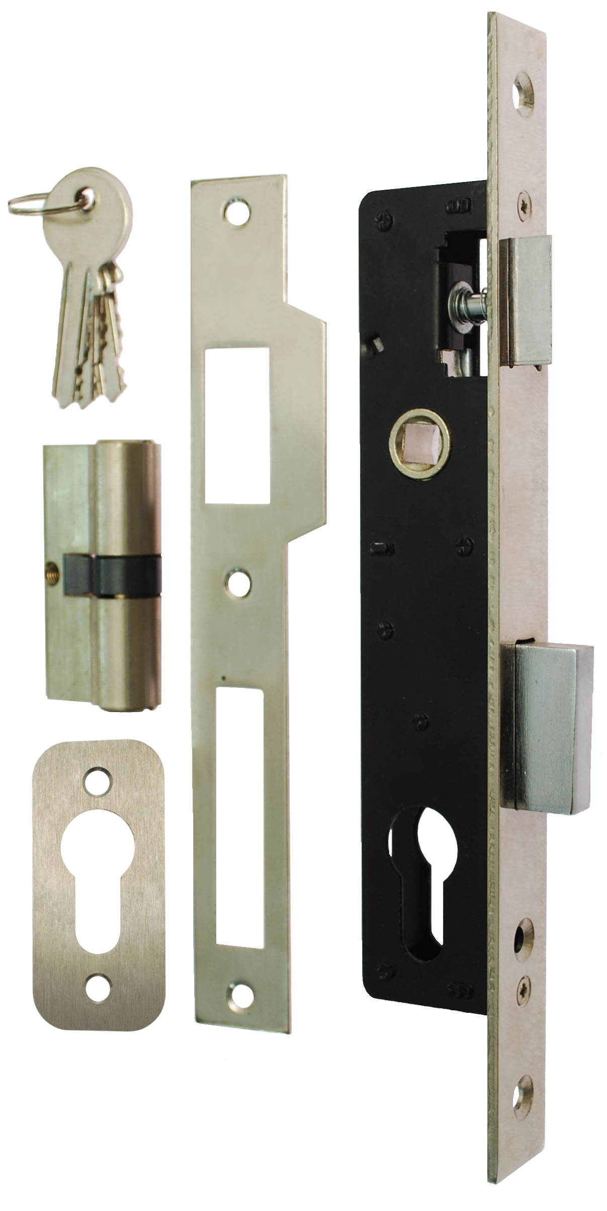 Gatemaster Narrow Latch Deadlock, everything in the box: the latch deadlock body, faceplate, keeps, cylinder and keys