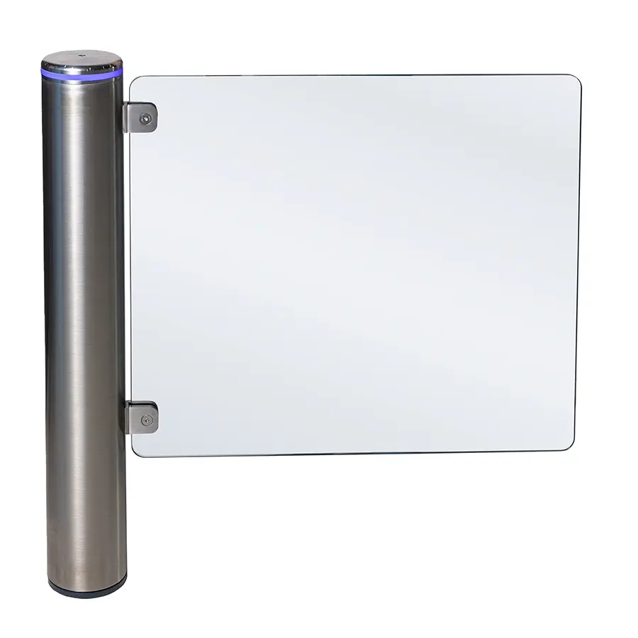 Brushed stainless steel Pulse post with a frameless glass wing, studio view.