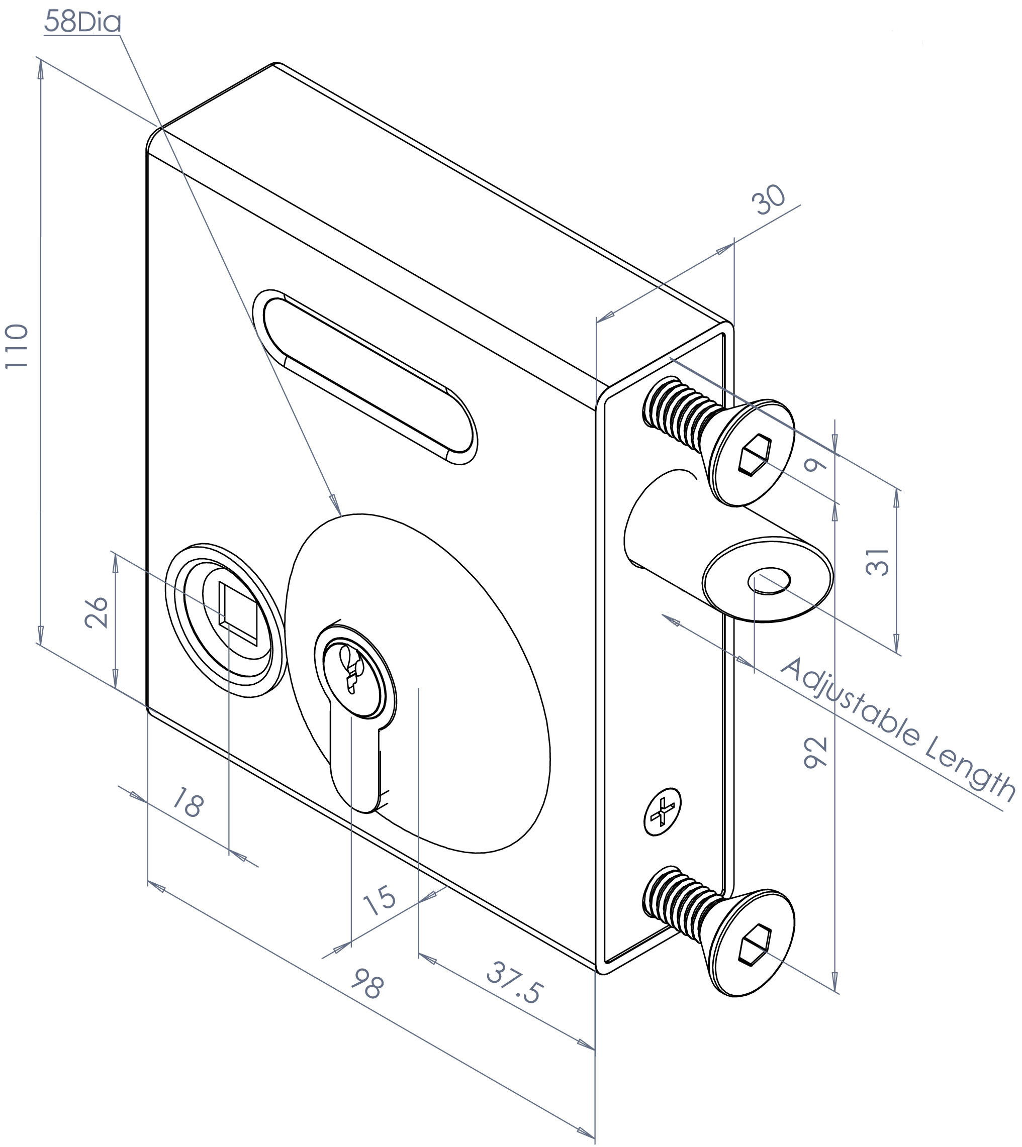Gatemaster SelectPro Keyed Gate Lock Bolt-On Latch Deadlock, drawing