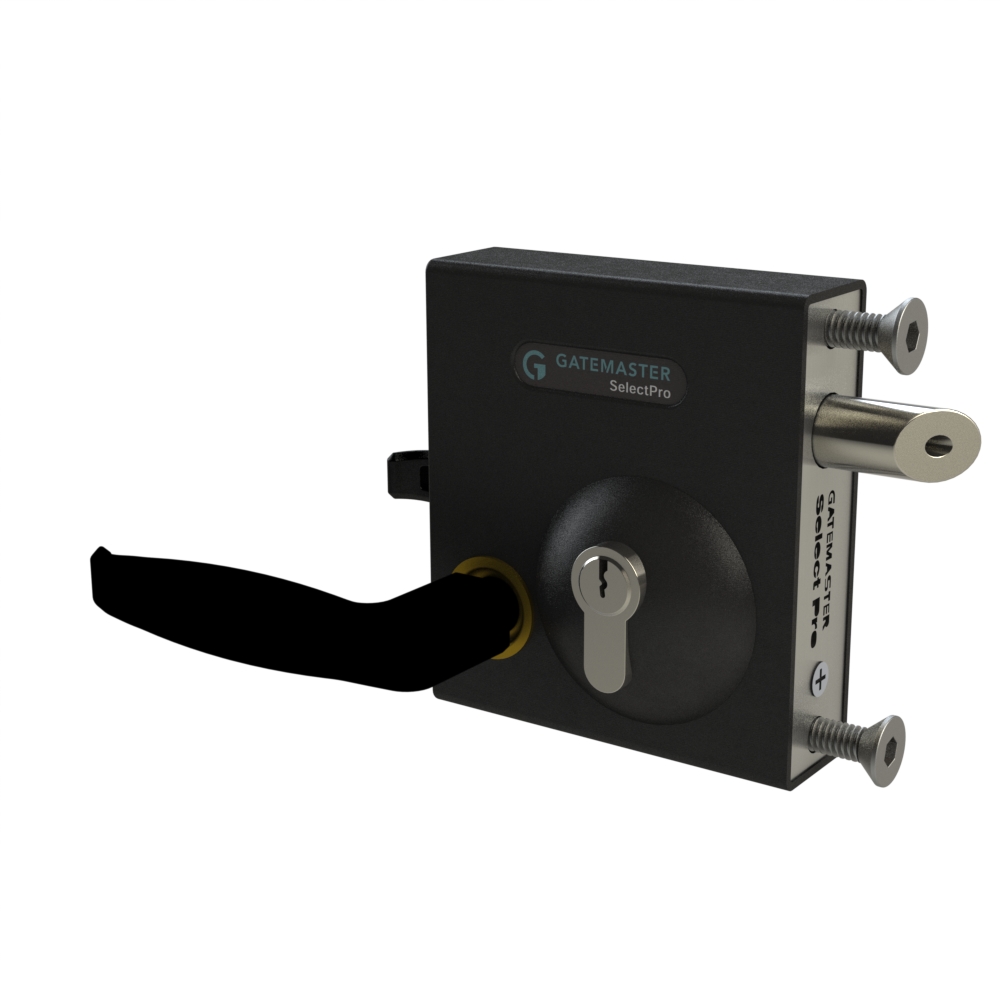 Gatemaster SelectPro Keyed Gate Lock Bolt-On Latch Deadlock, the black lock case with its lever handle, cylinder and bolt