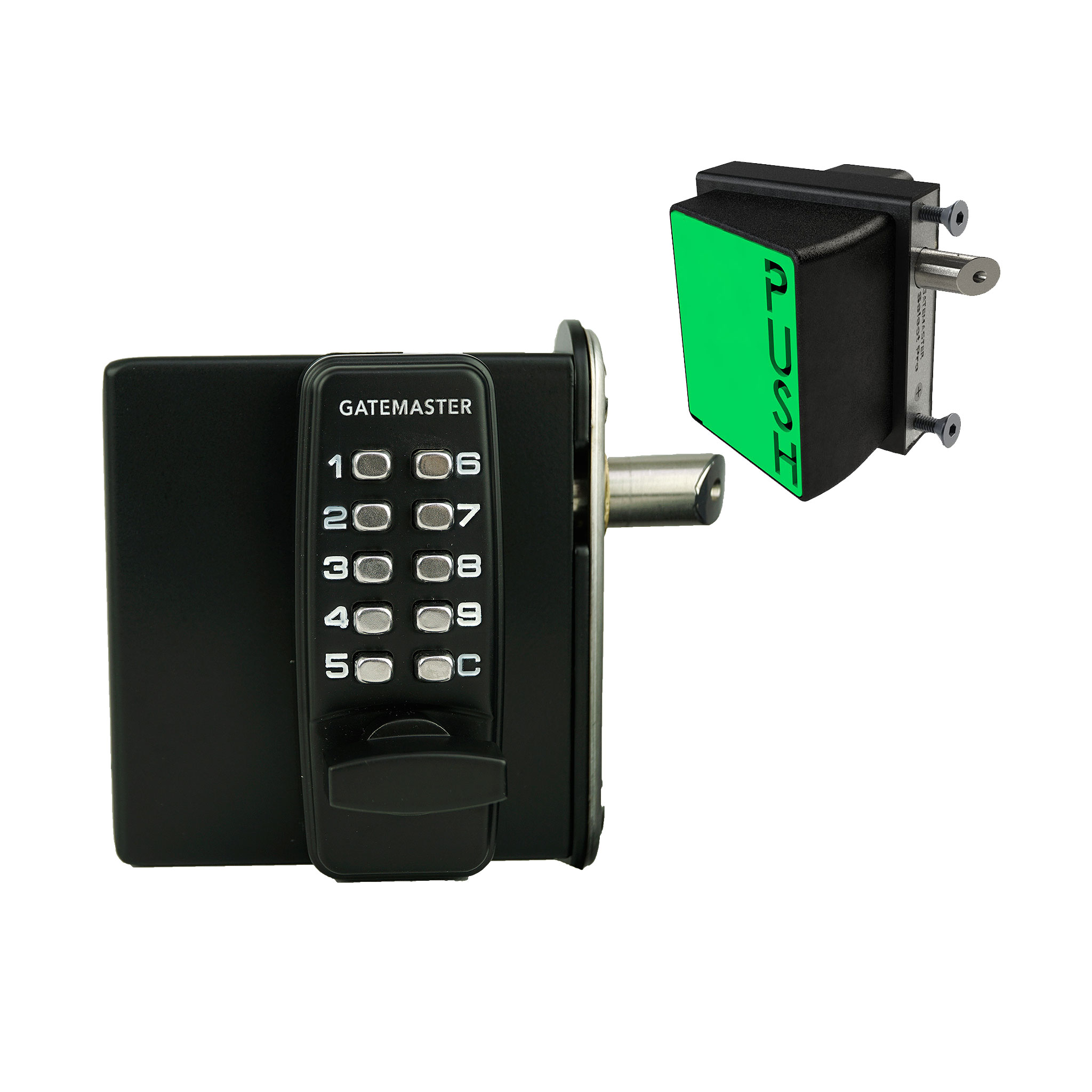 Gatemaster Code Gate Lock Bolt On Quick Exit, the keypad lock case beside the green push pad that releases it