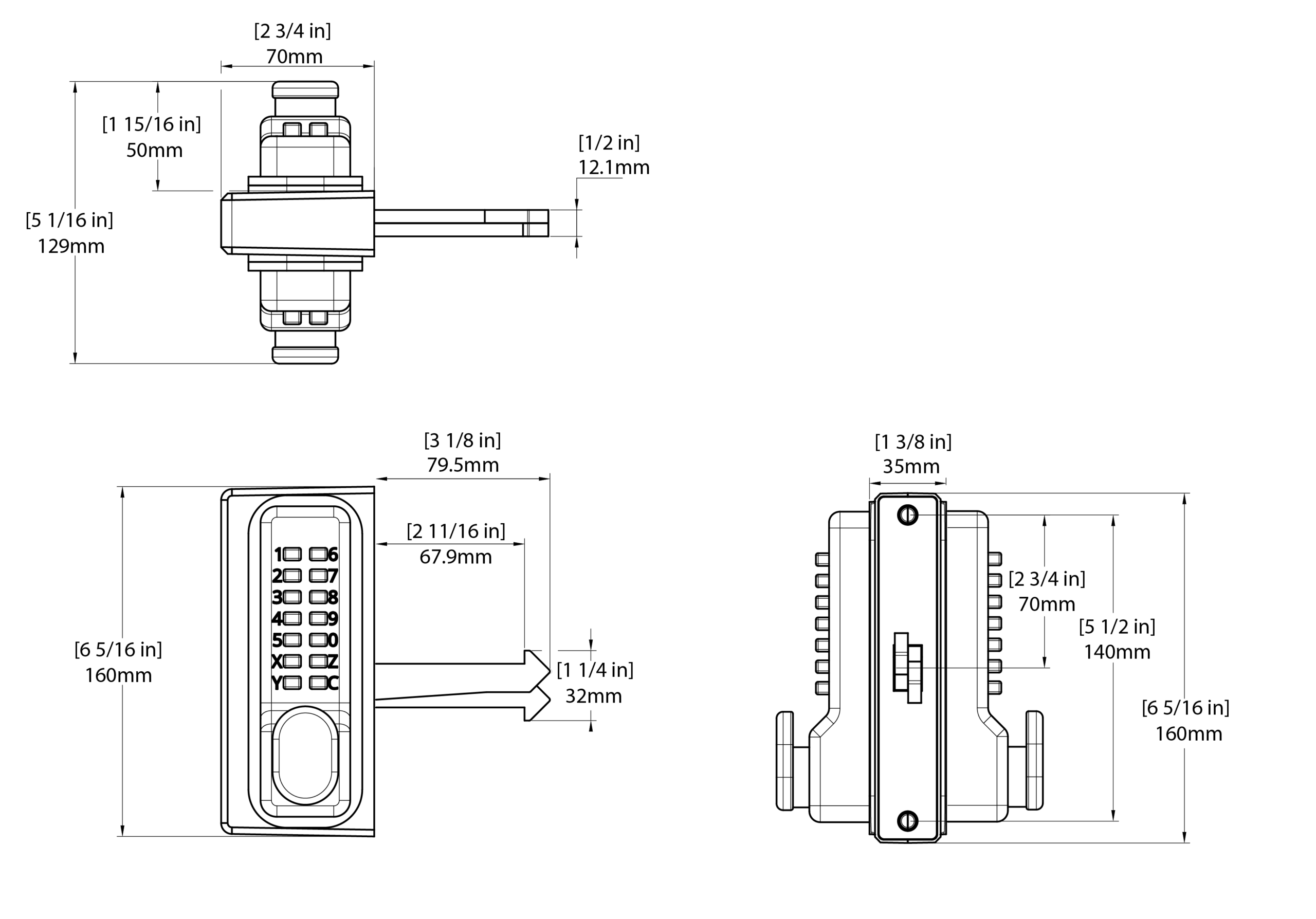 Gatemaster Sliding Gate Code Lock Double-Sided Keypad, dimensioned drawing