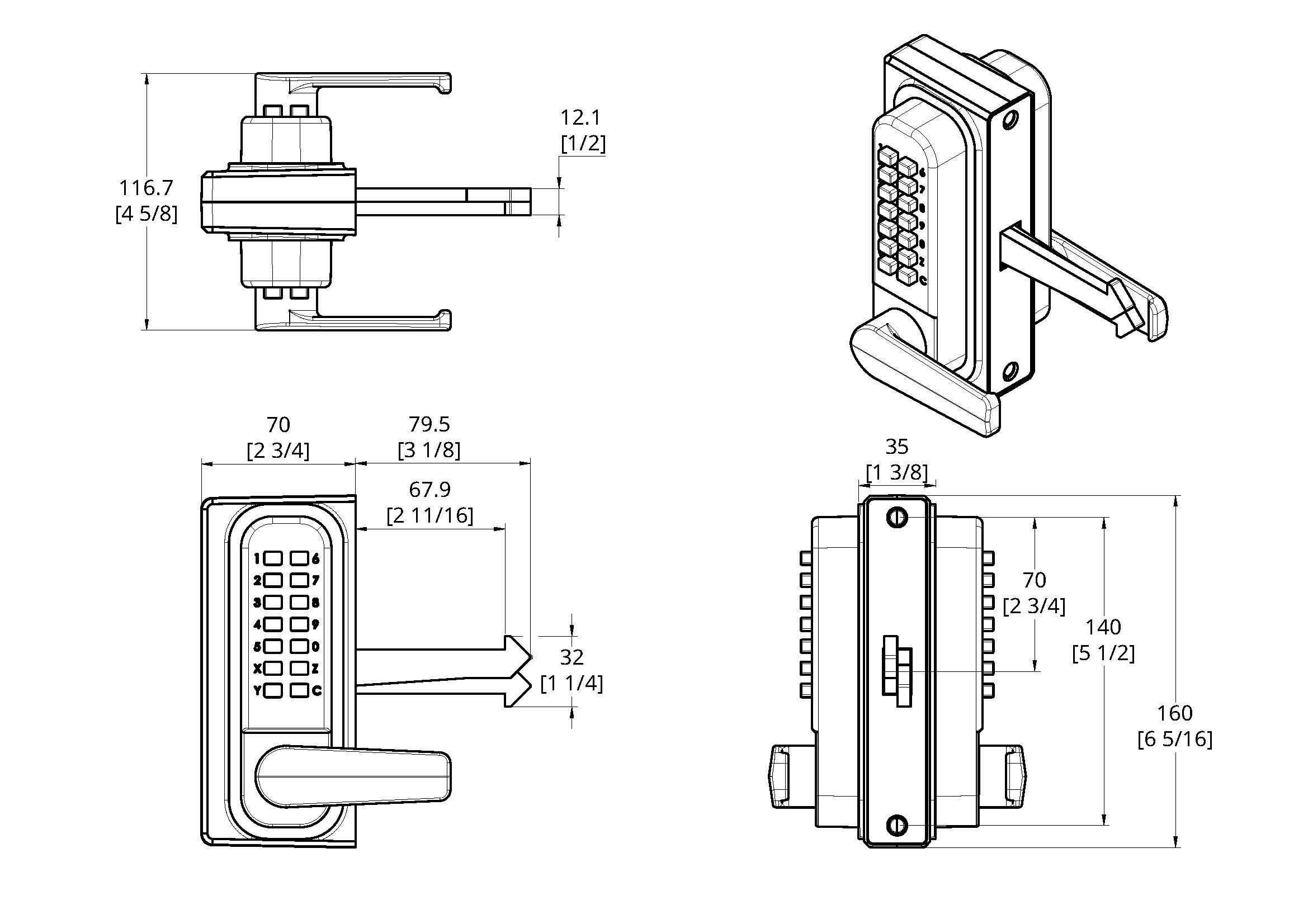 Gatemaster Sliding Gate Lock RapidReset Double-Sided Keypad, dimensioned drawing of the lock in millimetres and inches