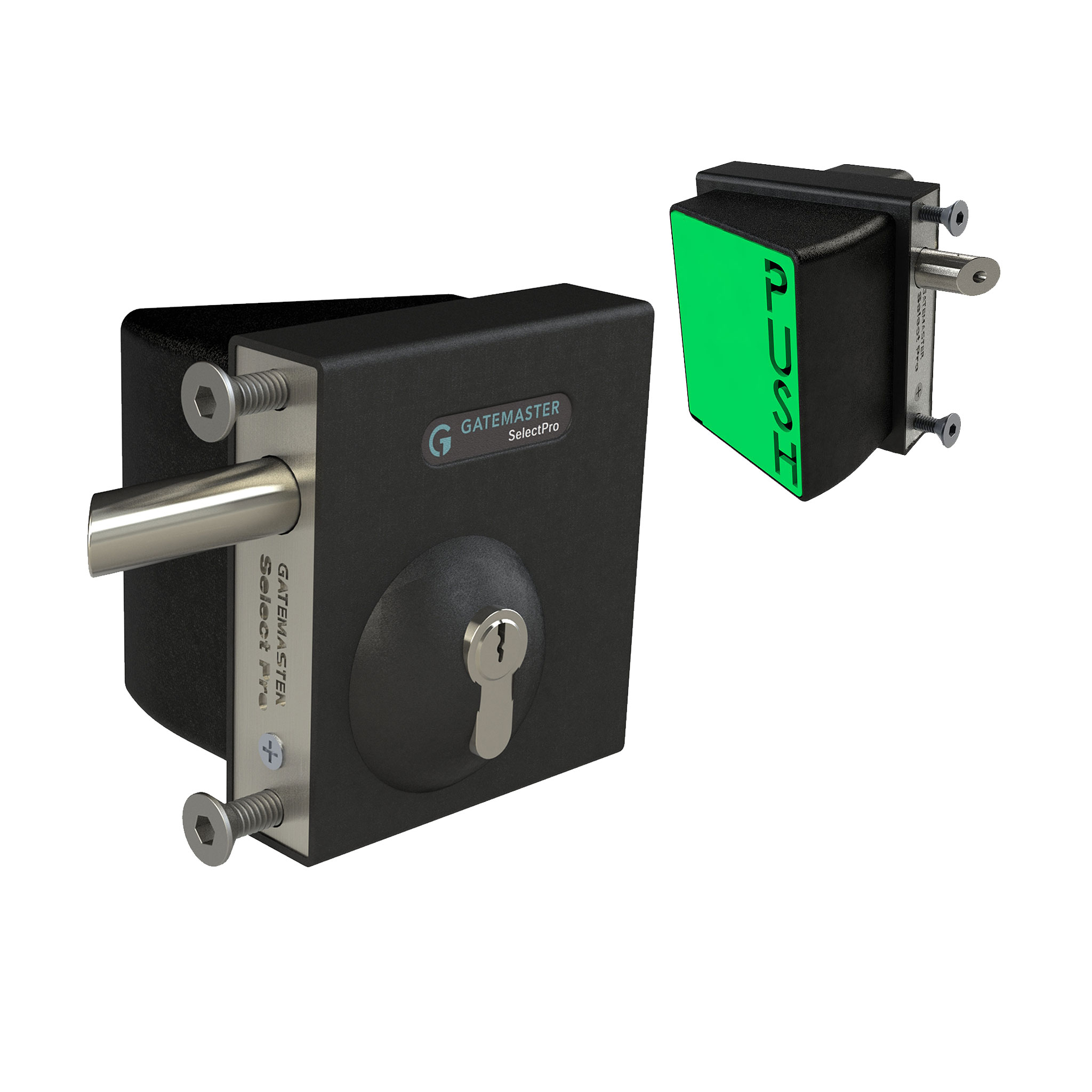 Gatemaster Bolt on Quick Exit Keyed Gate Lock, the keyed lock case beside the green push pad that releases it