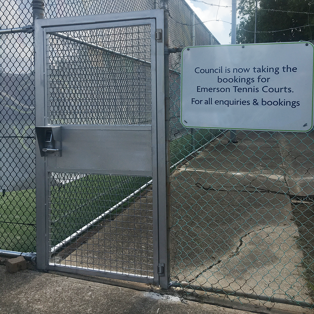 SureClose Flush Mount hinge-closers on a tennis court gate