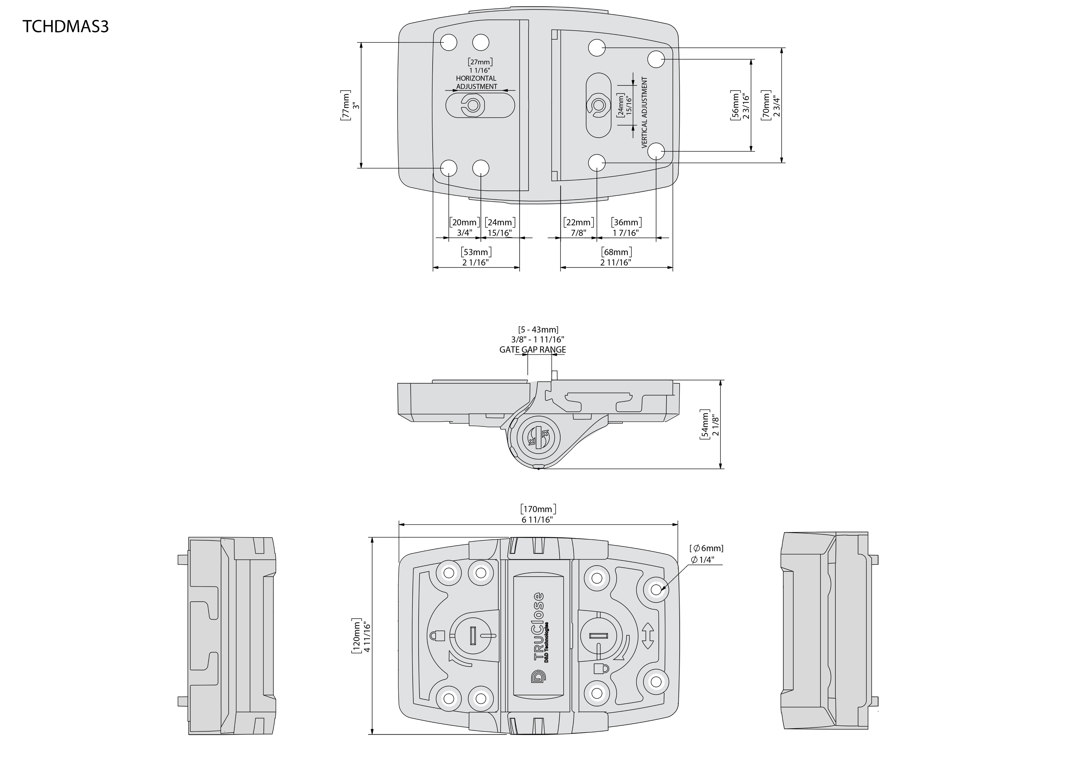 Dimension drawing of the TruClose MULTI-ADJUST for Wood without legs