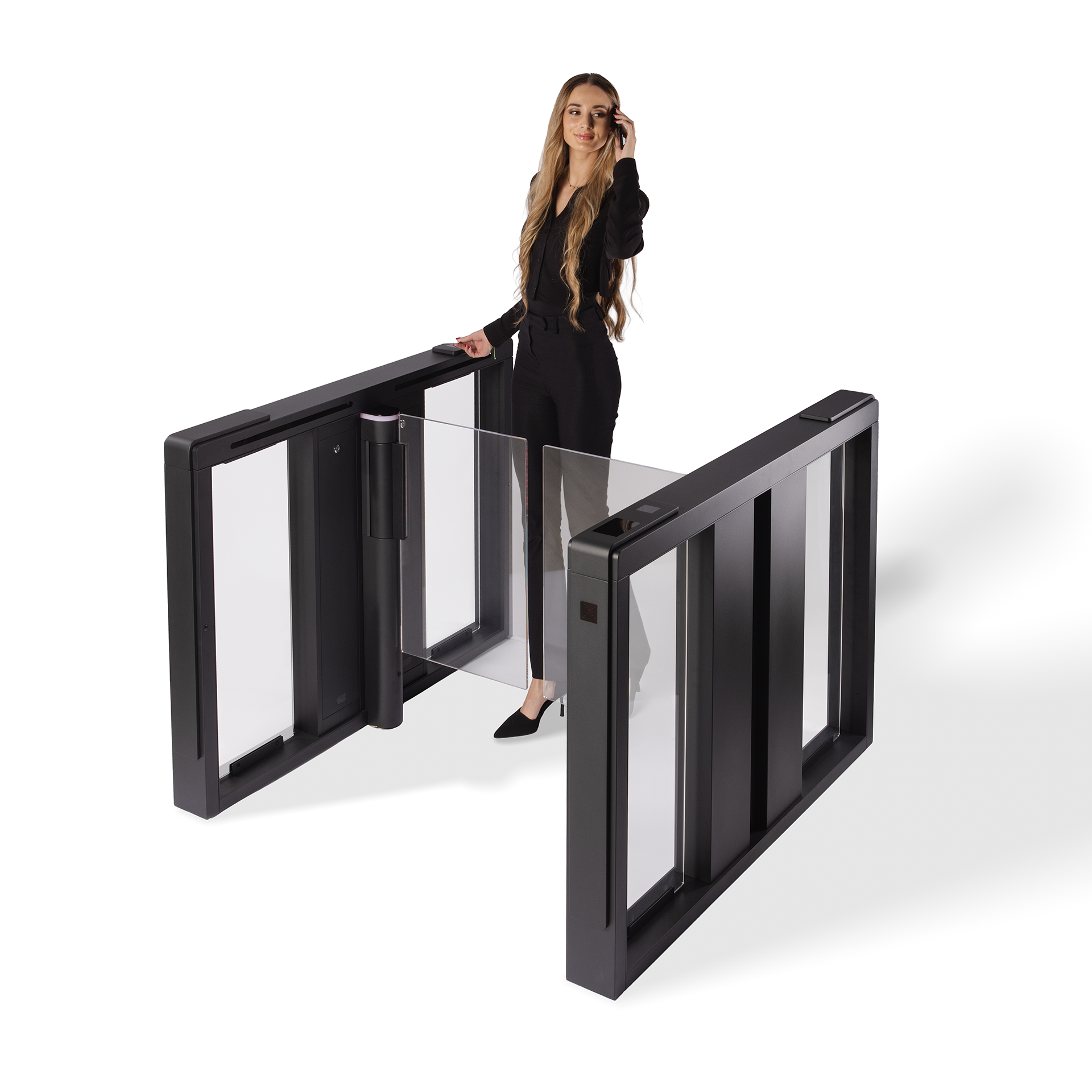 A woman walks through a black Speedgate Perpetual lane with the wings open.