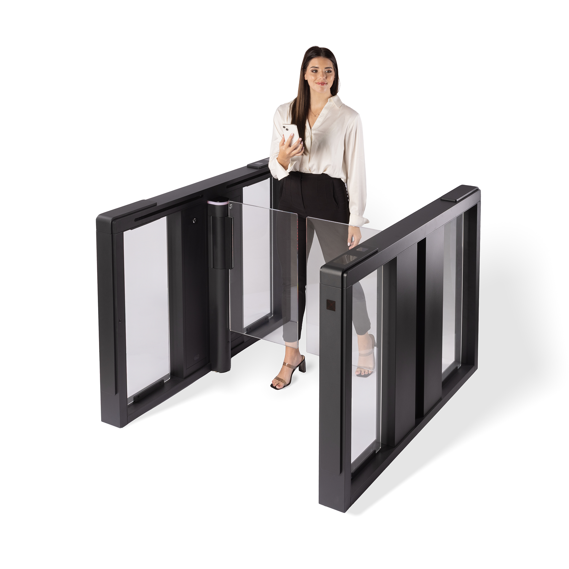 A woman passes between two black Speedgate Perpetual cabinets as the wings open.
