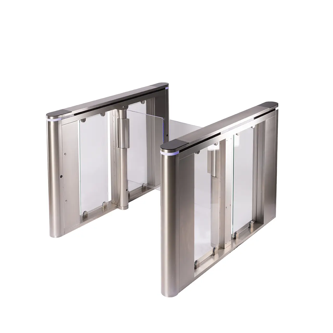 Two brushed stainless steel Speedgate Kinetic cabinets with clear wings closed, studio view.