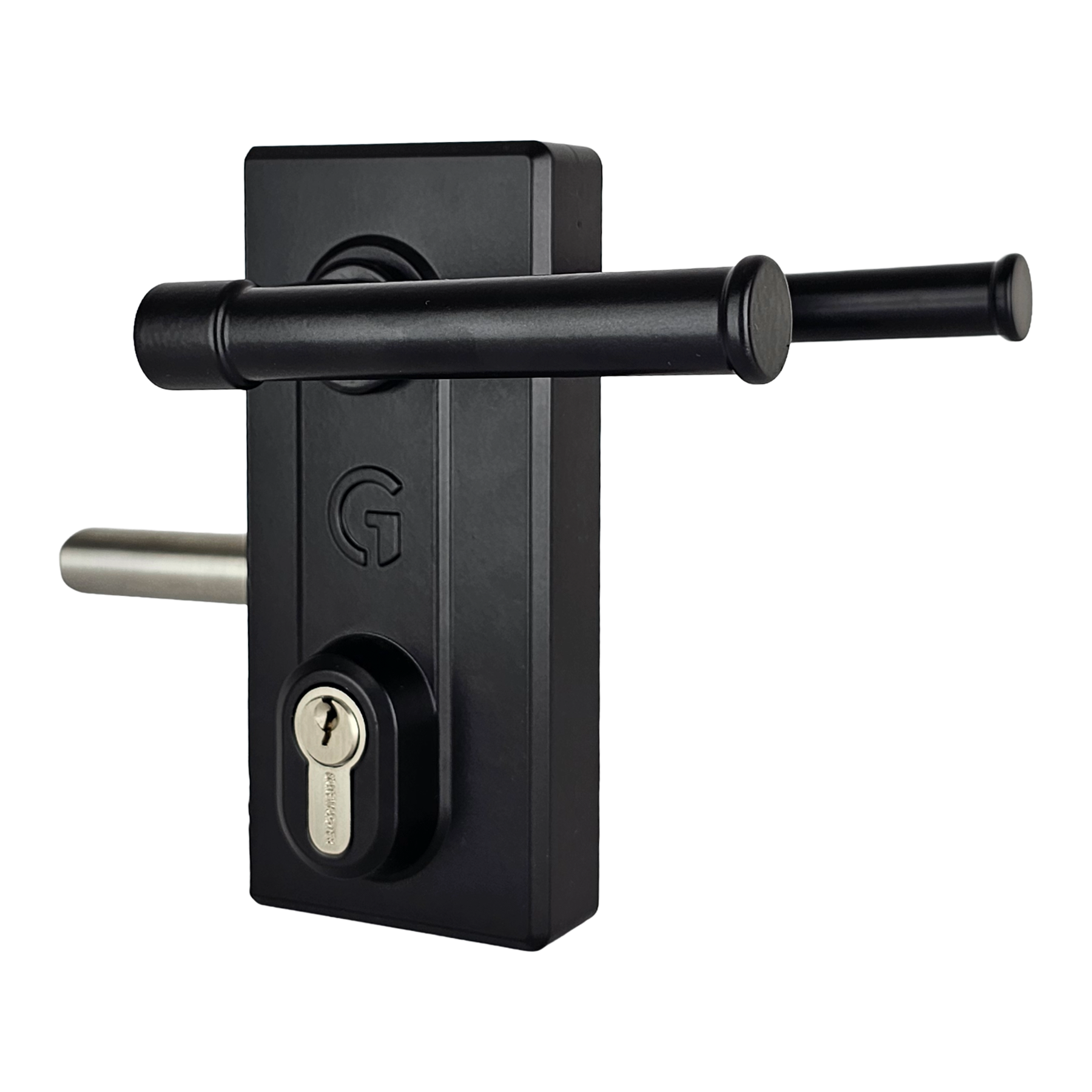 Gatemaster Superlock 2.0 Keyed Gate Lock Latch Deadlock Double-Sided Key Access, the black lock case with its traditional handle, cylinder and bolt