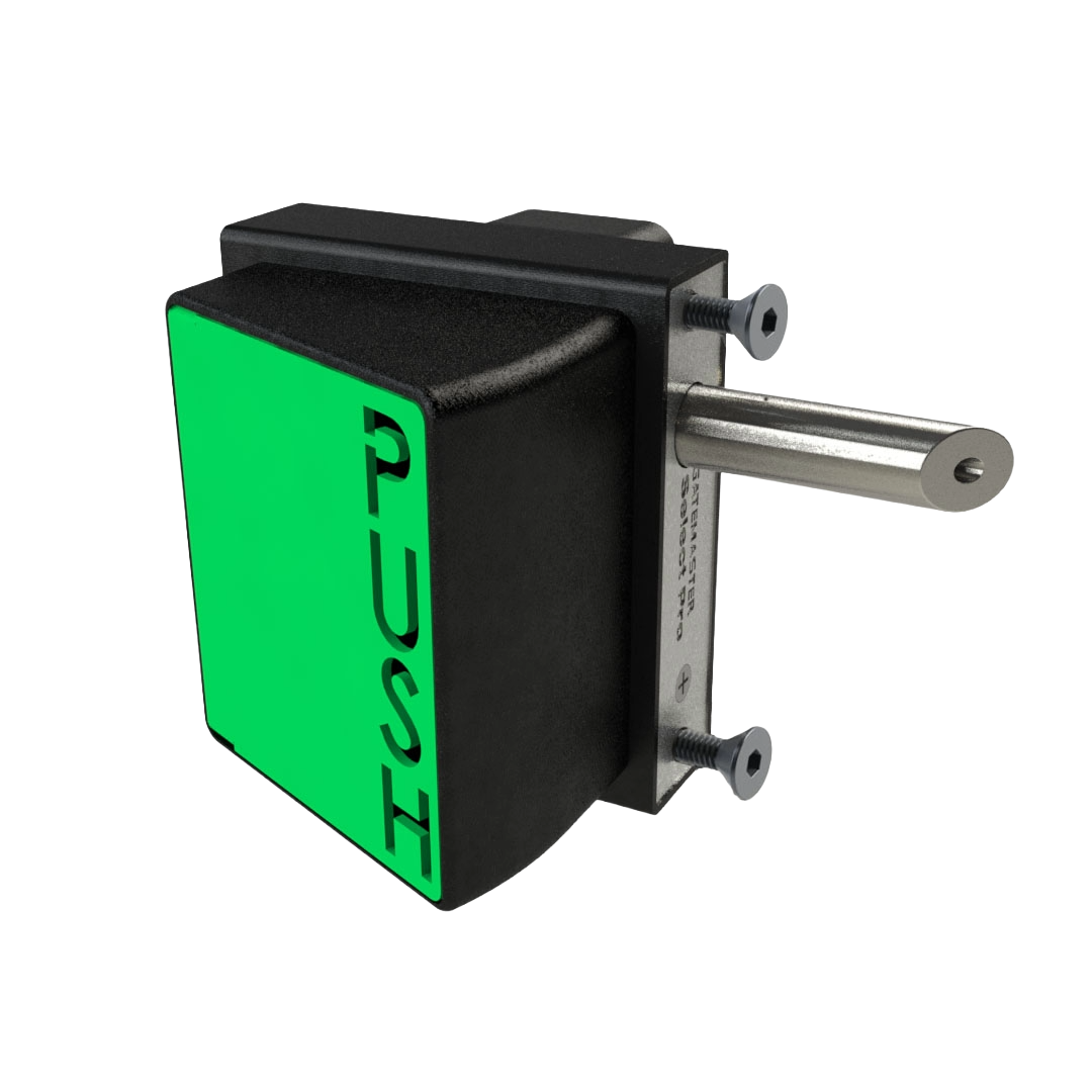 Gatemaster Bolt on Quick Exit Keyed Gate Lock, the green push pad release seen at an angle