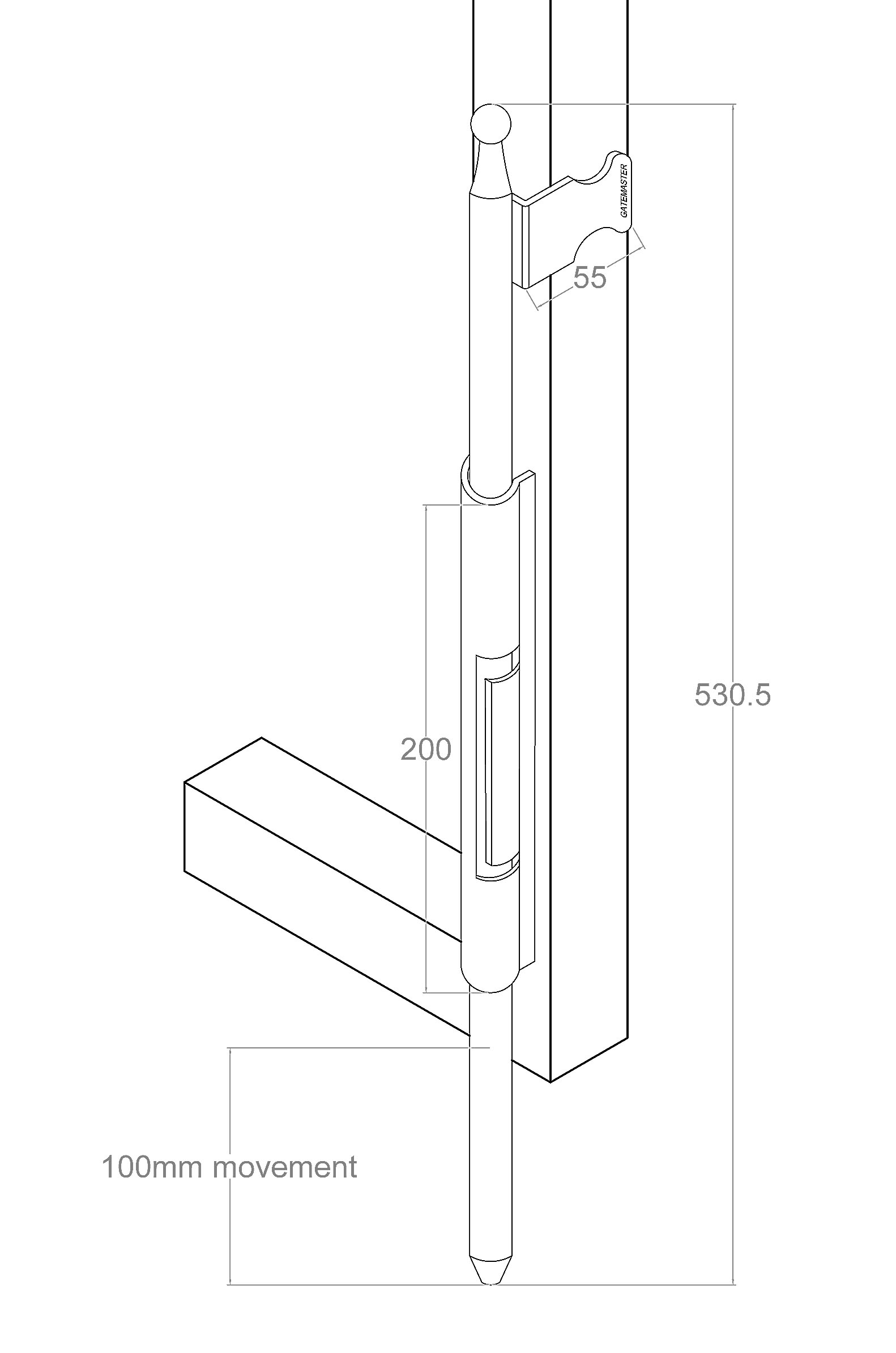 Dimensional drawing of the bolt-on drop bolt in millimetres: 530.5 overall, a 200 guide, a 55 keeper bracket and 100 mm of bolt movement