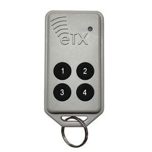 AES eTX four-button remote transmitter key fob in grey with a key ring