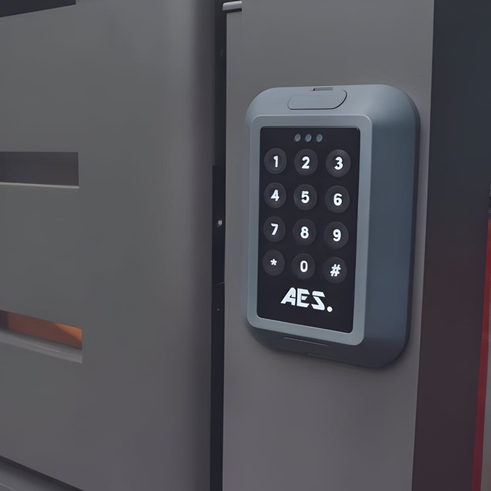 AES wireless e-Keypad mounted on a grey gate