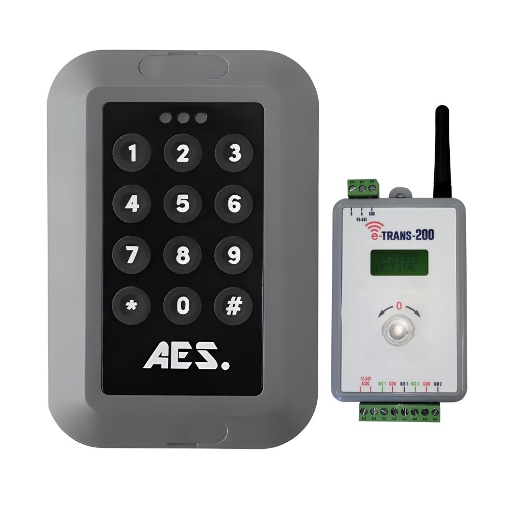AES wireless e-Keypad shown with an eTrans 200 transceiver