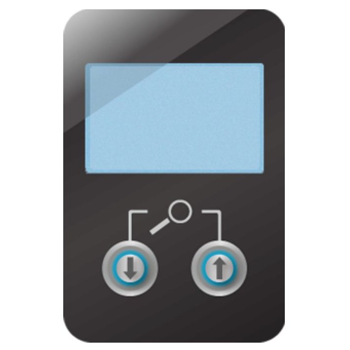 AES Modular LCD directory module with a blue backlit display and two arrow buttons below