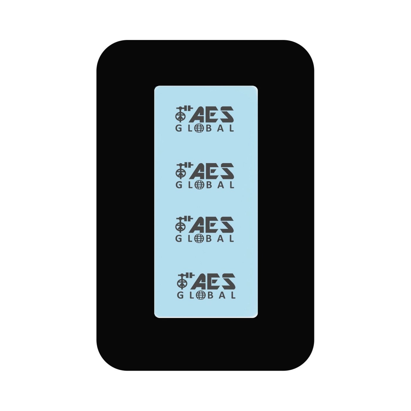 AES Modular illuminated information window, black frame with a lit pale blue panel showing AES logos