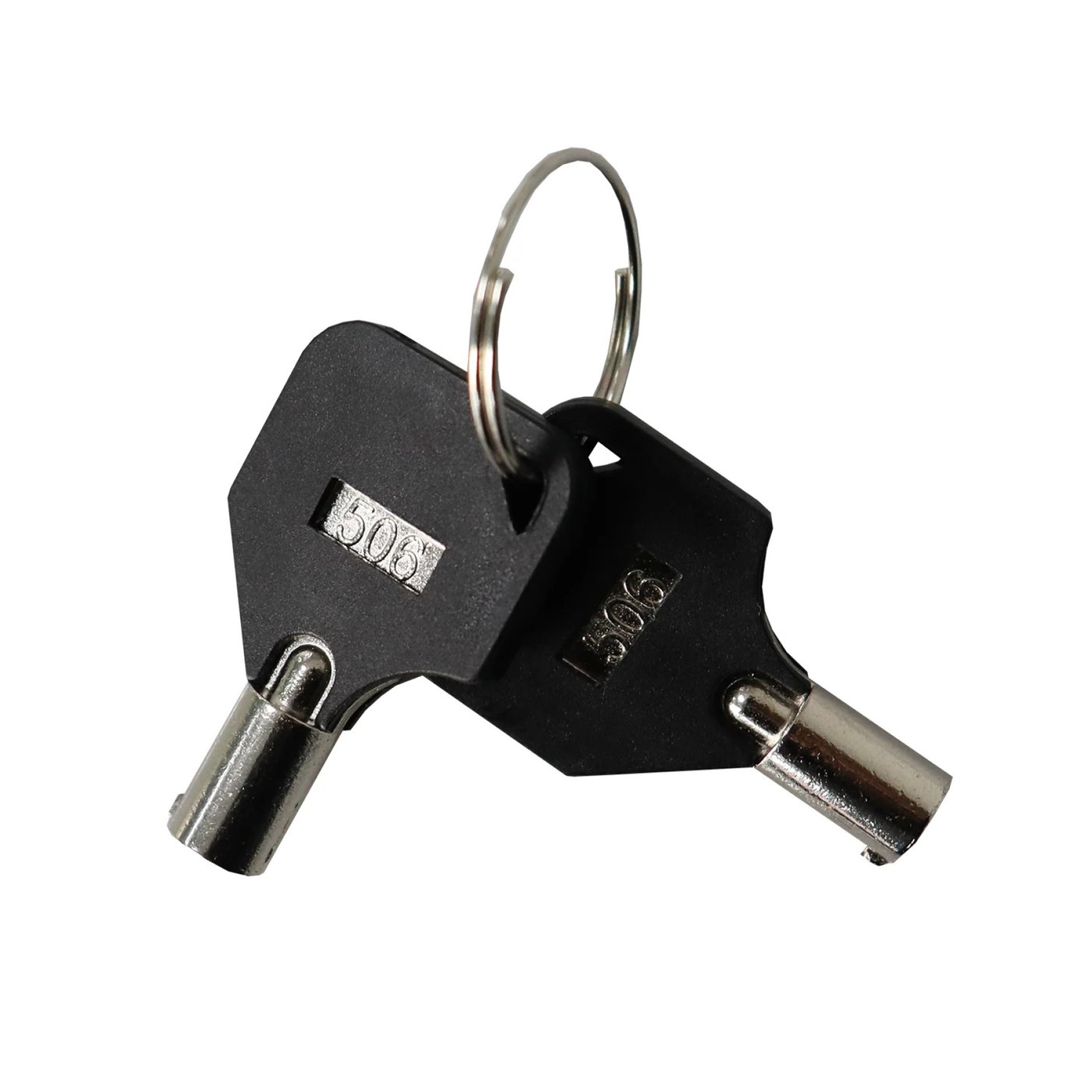 Two black AES Tomalok tubular keys on a key ring