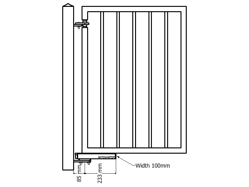 Gatemaster hydraulic gate closer with standard hinge to weld on, in gate drawing