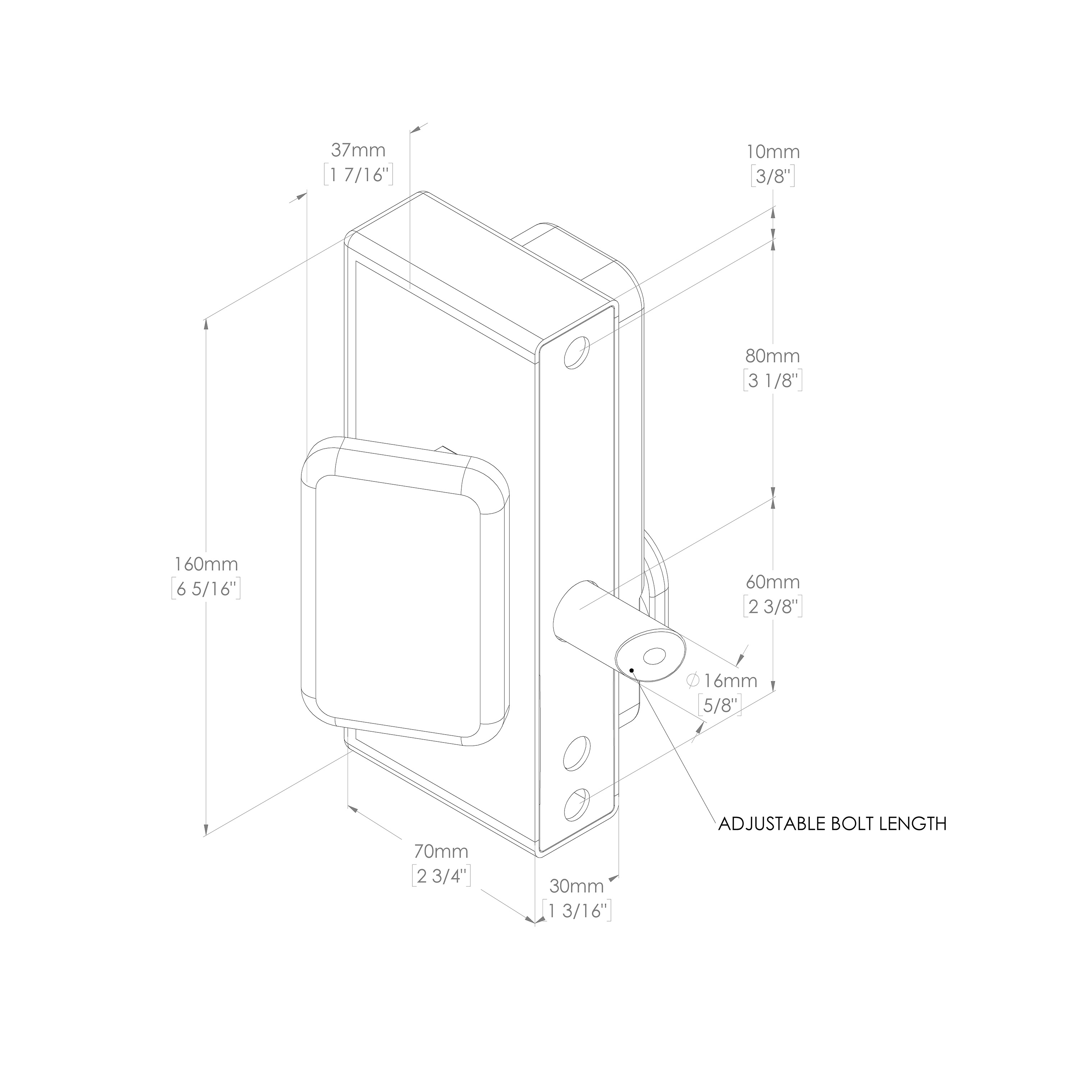 Gatemaster Superlock Code Gate Lock Quick Exit, dimensioned drawing