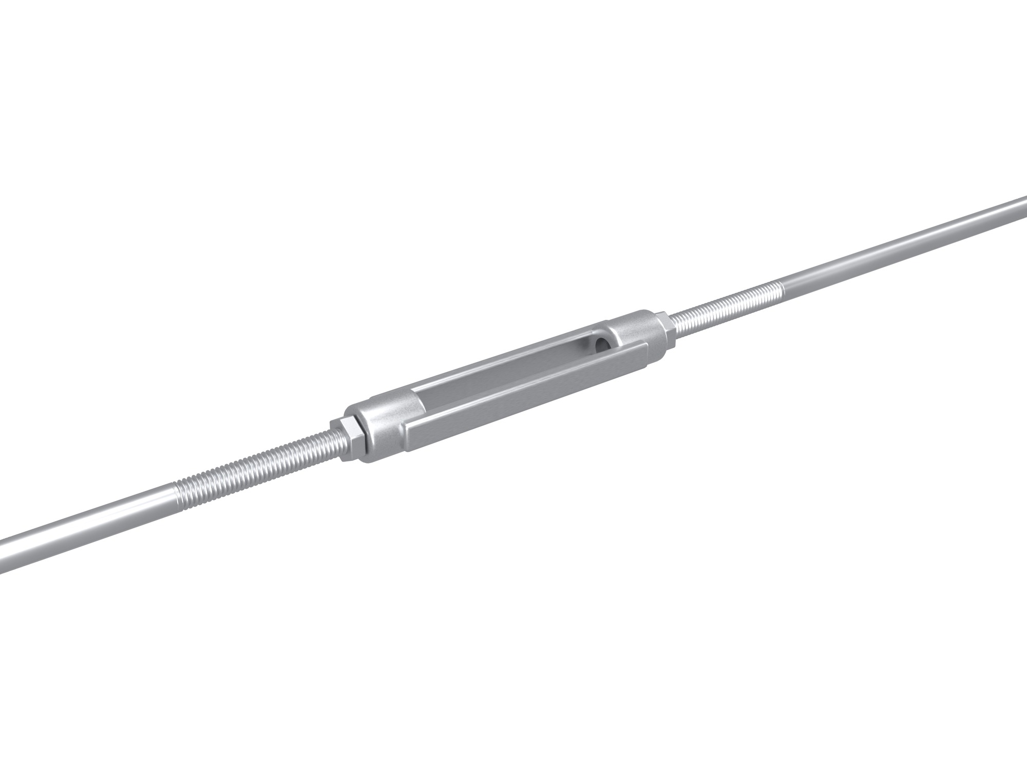 Silver zinc-coated steel truss rod with a tightener in the middle.