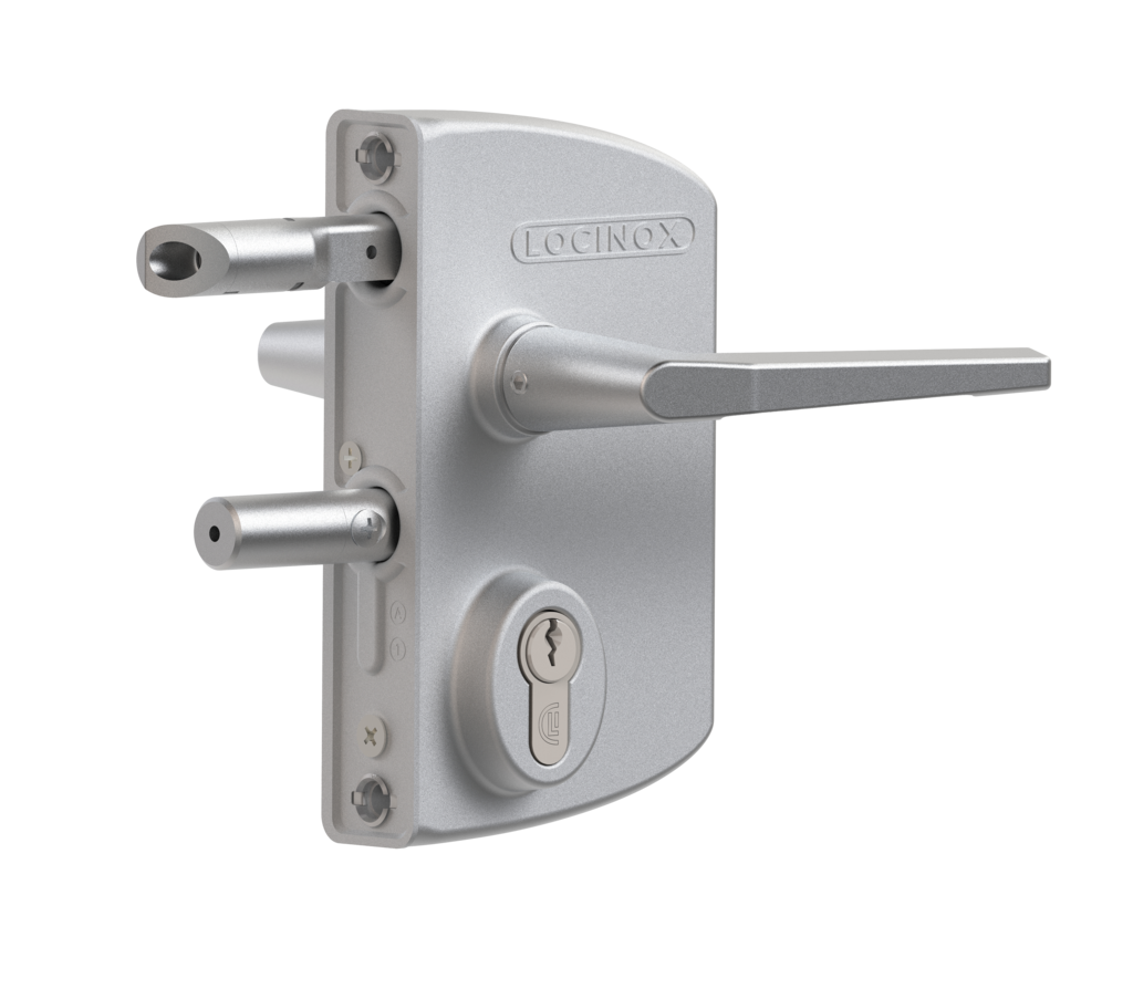 Locinox surface mounted gate lock in silver, shown without profile
