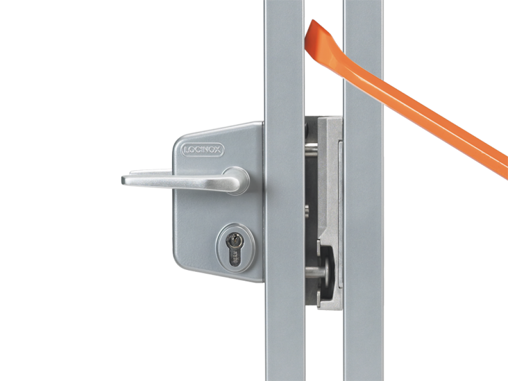 Locinox gate lock on a flat profile with keep and a pry bar