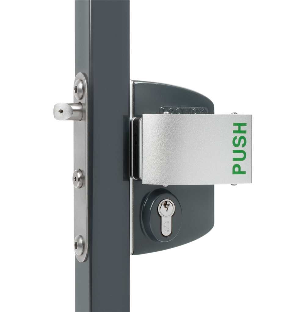 Locinox anti-panic gate lock in anthracite with aluminium push set