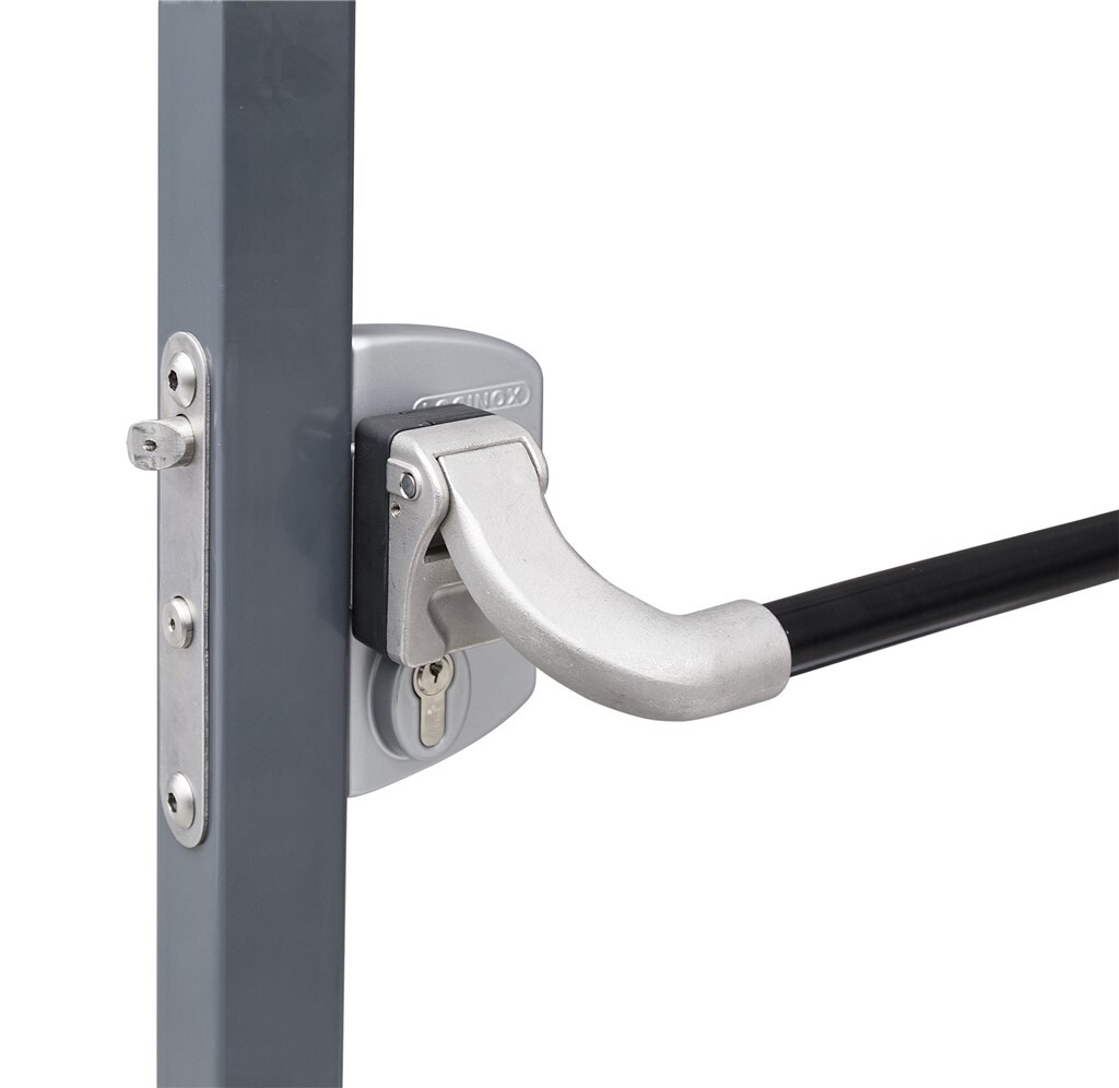 Locinox anti-panic gate lock with lever and push bar on an anthracite profile