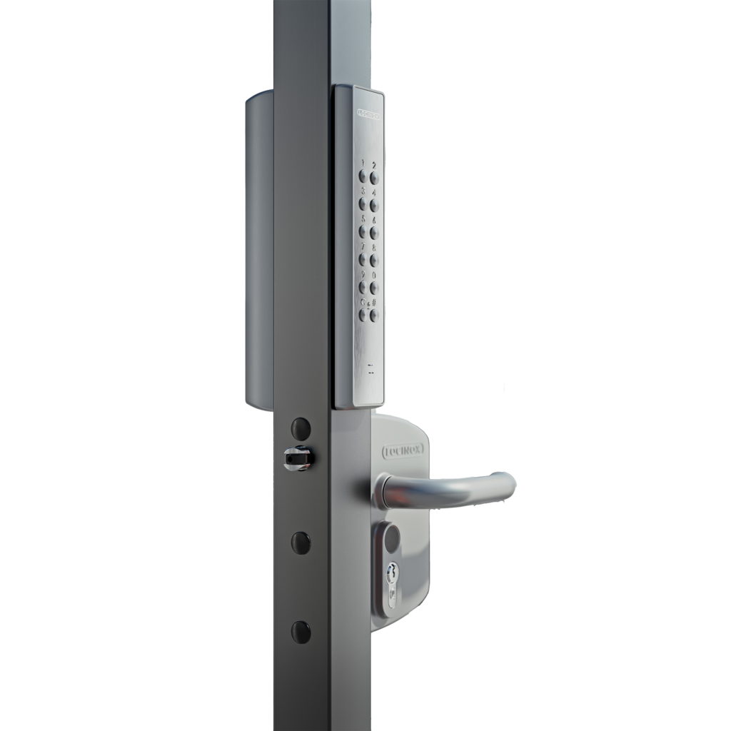 Locinox VOLTA lock and keypad on a gate profile, silver